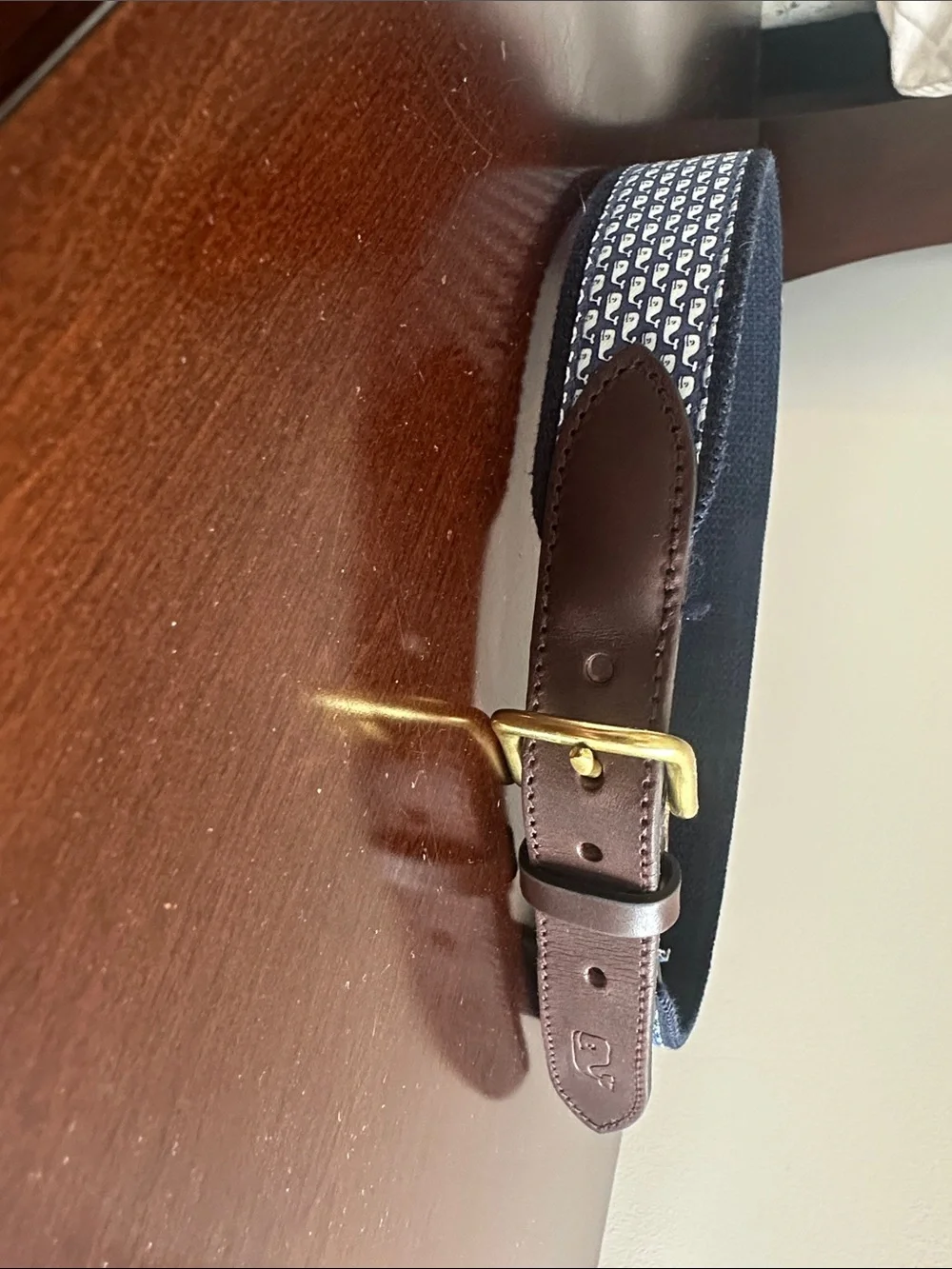 Vineyard Vines Navy Whale Pattern Fabric Belt with Brown Leather and Gold Buckle